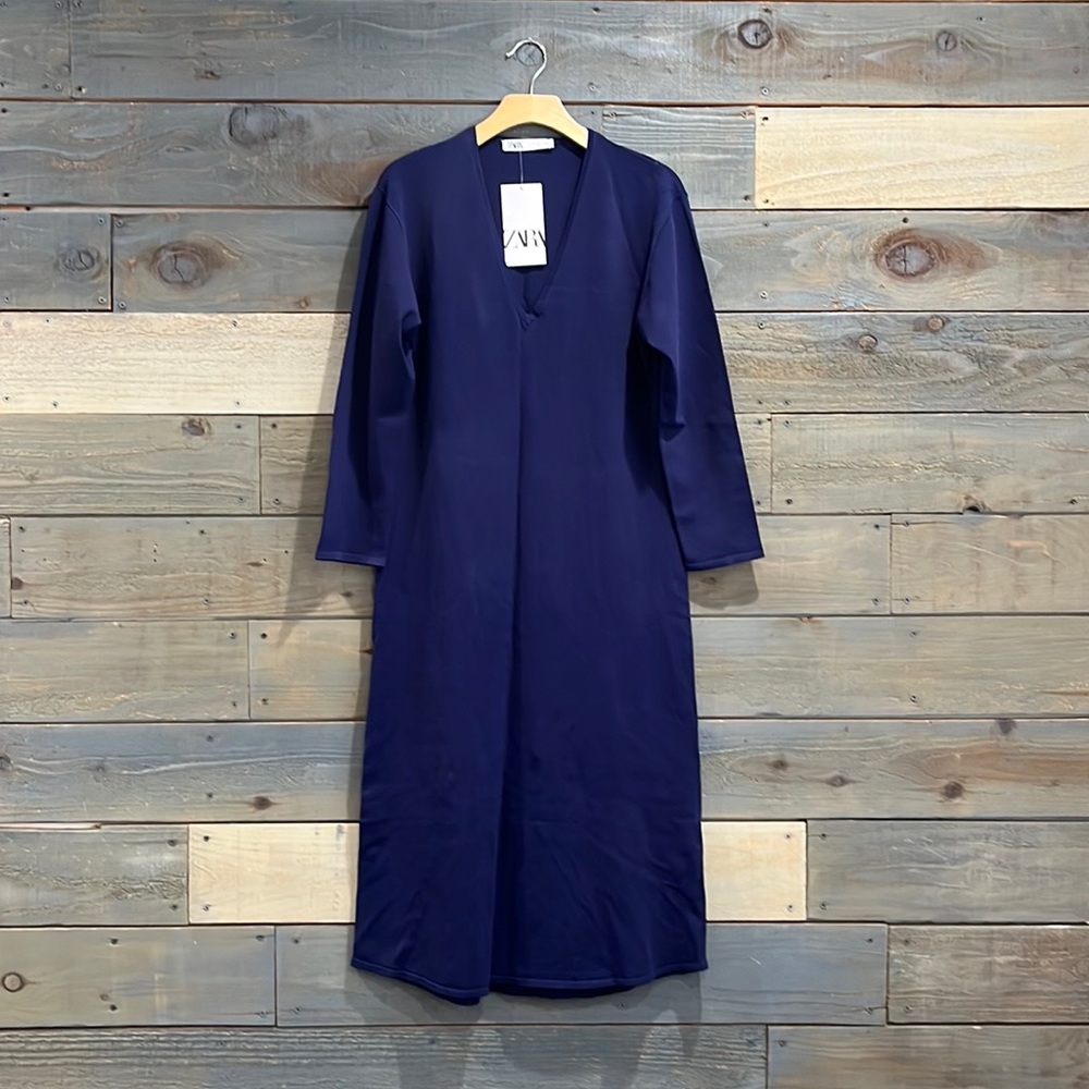 Zara Knit V-Neck Midi Long Sleeves Dress S Blue